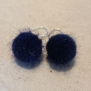 Handmade Fuzzy Dark Blue Pom-Pom Dangle Earrings NEW Lobe Area Lightweight